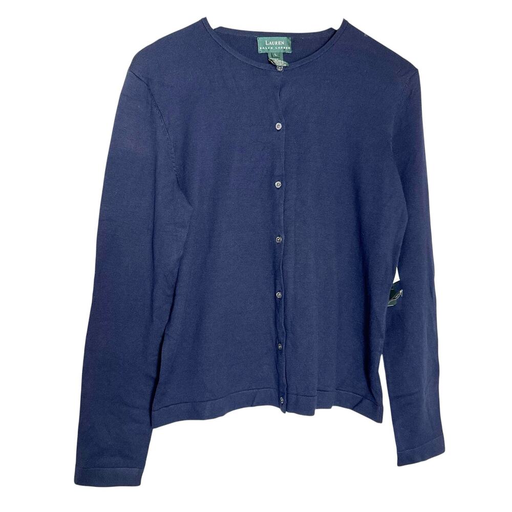 Lauren Ralph Lauren Navy Blue Button Front Silk Crewneck Cardigan Sweater Large